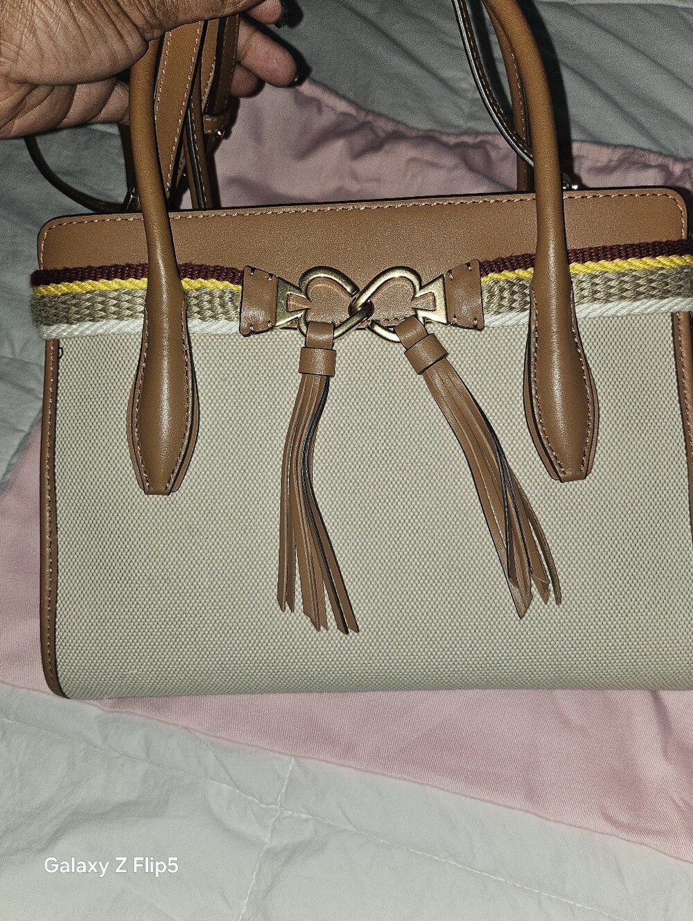 kate spade Tan and Cream Tassel Top-Handle Satchel with Striped Trim